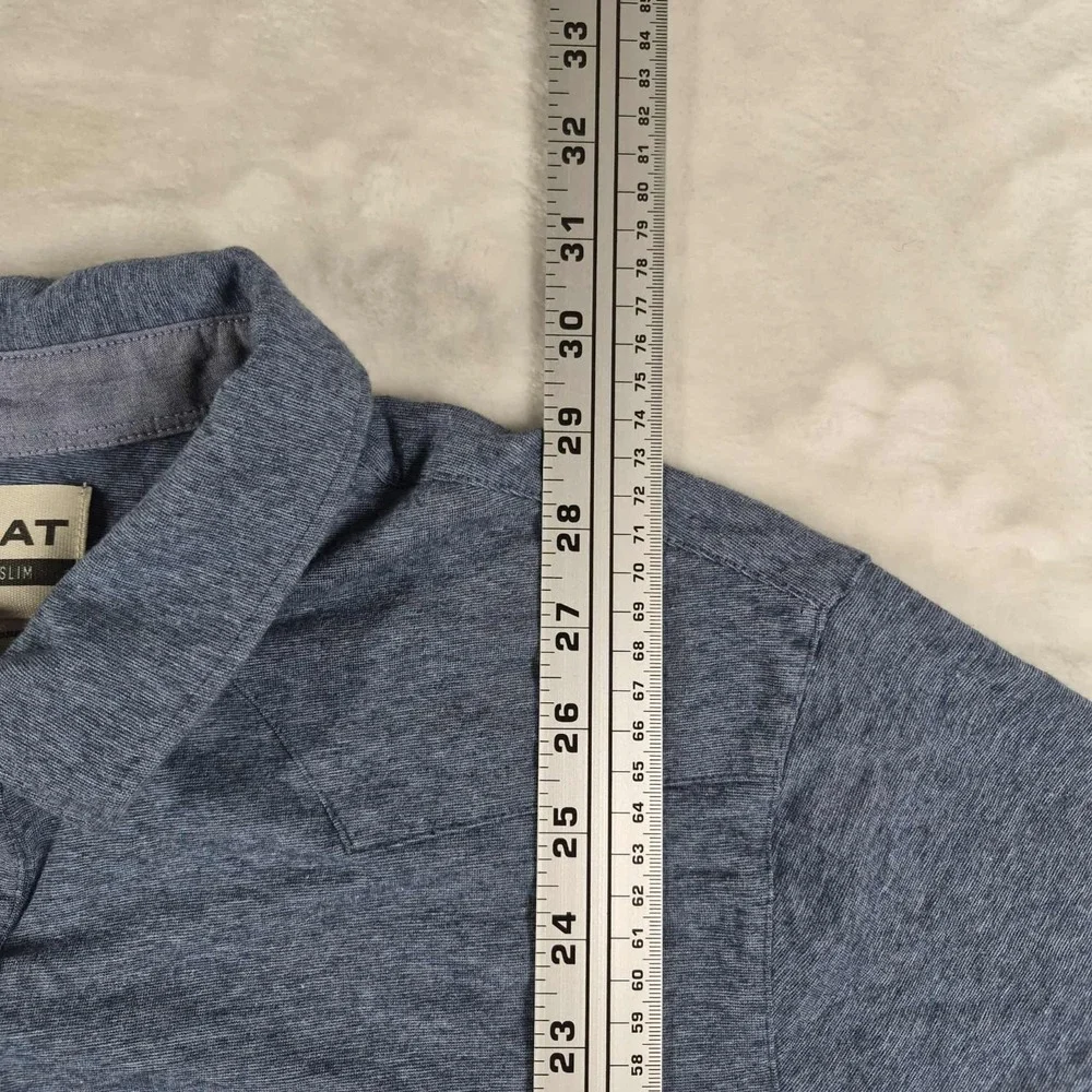 Ariat Polo Shirt Men's Large Blue Retro Western Pearl Snap Button Modern Slim - Picture 3 of 7